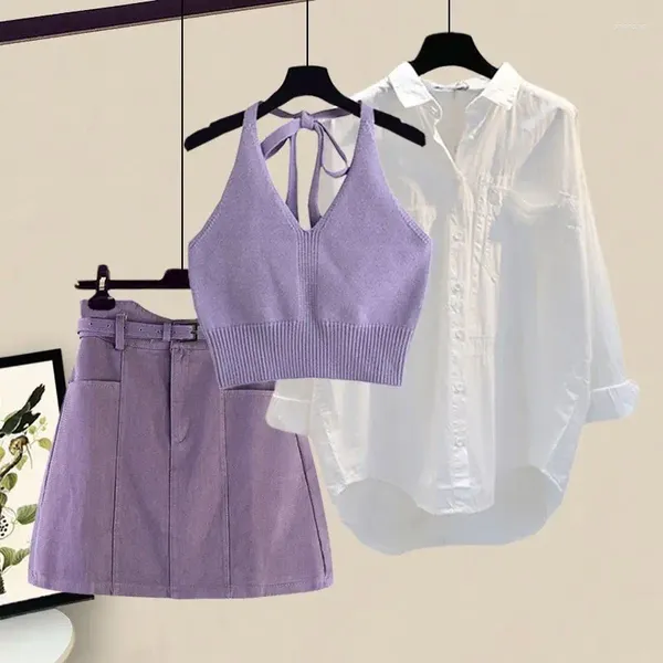Robes de travail d'été pour femmes, ensemble jupe trois pièces violette, chemisier de couleur blanche, décolleté en V profond, débardeur, Mini taille haute, ligne A