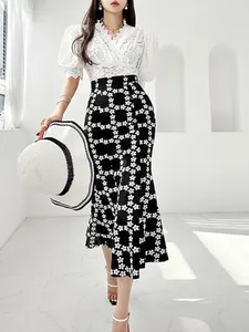 Werkjurken Zomer dames wit kanten shirt maxi rok tweedelige set elegante OL V-hals tops fishtail 2 outfits vrouwelijk