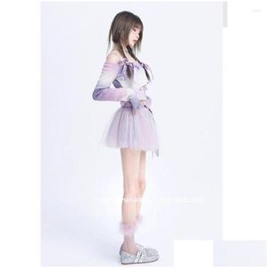 Robes de travail Summer Women Jirts Set Ballet Girl Style Gradient One Line Neck Tread Top Purple Mesh Princess Meuffy Jupe courte Deux Dro Dhfea