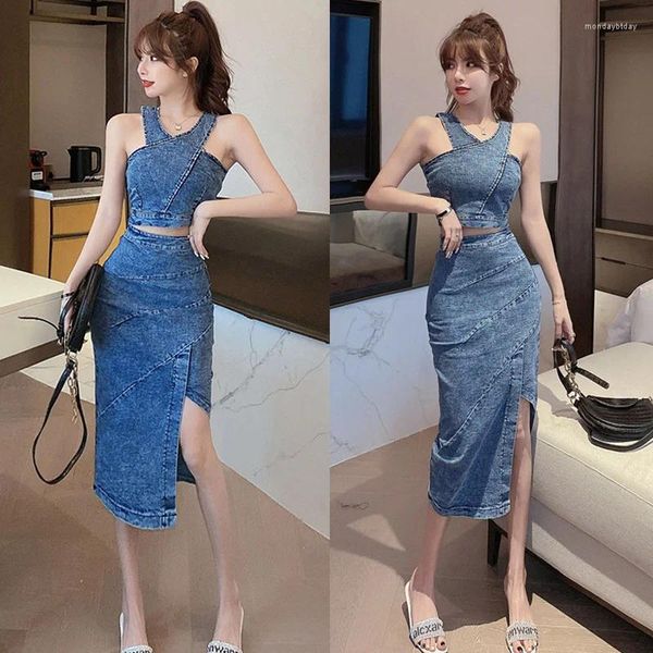 Vestidos de trabajo Verano Mujeres Slim Fit Conjunto de dos piezas Denim Sexy Halter Chaleco Top Cintura alta Split Bodycon Faldas Estilo Office Lady Trajes