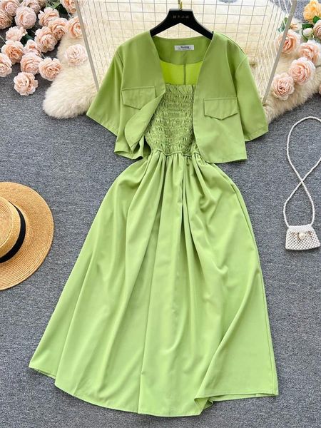 Vestidos de trabajo Verano Mujer Vintage Conjunto de dos piezas Verde/Azul/Rojo/Amarillo Elegantes cárdigans cortos Vestido con tirantes finos Traje 2 piezas Moda