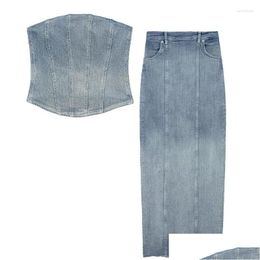 Robes de travail Été Femmes Deux Pièces Ensemble 2023 Casual Classique Denim Corset Style Top Taille Haute Slim Demi-Corps Jupe Y Costume Drop Delive Otmi7