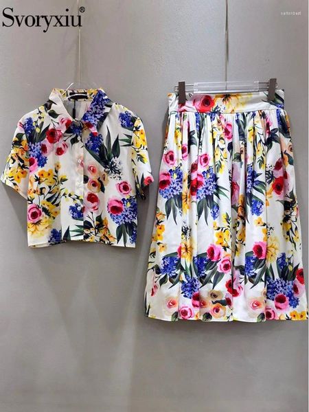 Robes de travail Svoryxiu Fashion Designer Summer Beach Party Floral Print Malf Jirt Suit Fomen's Town-Down Collar Loose Shirt A-Line Midi