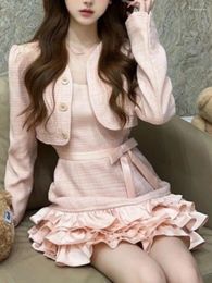 Werkjurken Zoete 2 -delige jurk set vrouw roze lange mouw jas boog kawaii mini vrouwelijk Koreaans mode avond feestpak 2024 winter