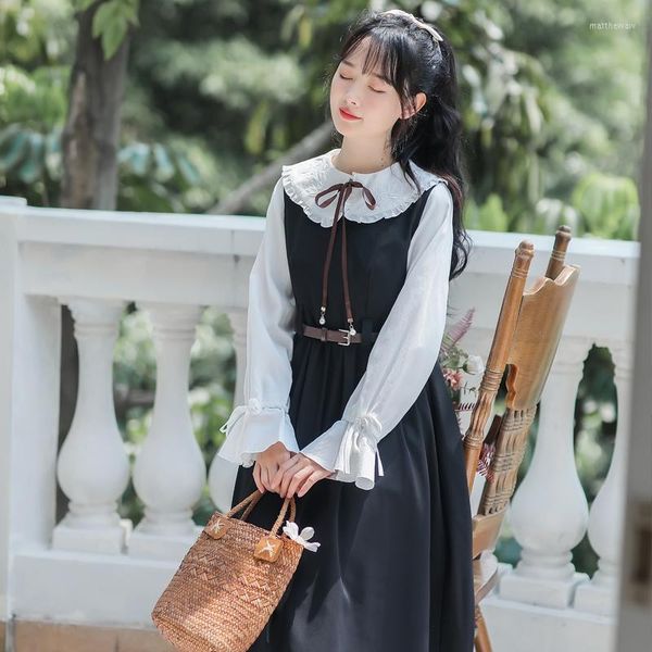 Robes de travail Sweet Doll Collar Kawaii Vest Robe Suit Femmes Automne Wiche Wild Fared Mancheve Shirt Black Sans Sans Souples Retro Ensemble Femme