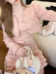 Werkjurken Zoete jurk 2-delige set Dames Avondfeest Slank Elegant Mini Kantoor Dame Casual Y2K Vest Koreaanse mode 2024 Herfst