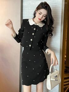 Robes de travail doux élégant 2 pièces ensembles femmes exquis luxe formel noir OL à manches longues veste courte manteau mince mini jupes tenues Mujer