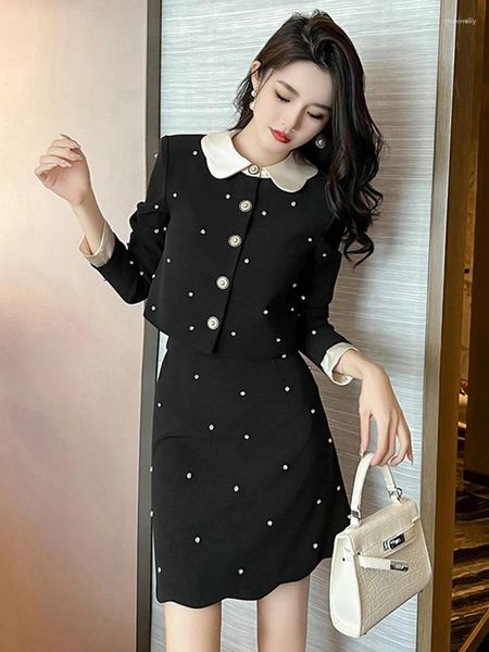 Robes de travail doux élégant 2 pièces ensembles femmes exquis luxe formel noir OL à manches longues veste courte manteau mince mini jupes tenues Mujer