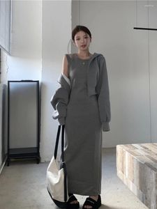 Robes de travail Sweet Girl Casual Casual's Spring Spring Spring Caponde à capuche en tricot gris Robe sans manches