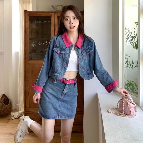 Robes de travail Sweet Girl Casual Casual's Spring Spring Short Denim Jacket High Waited A-Line Mini jupe Twip Tice Set Fashion Female Vêtements