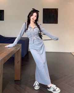 Robes de travail Sweet Girl Suit Femmes Automne Chaîne Sweat à capuche Split Wrap Hip Jupe longue Gris Deux pièces Ensemble Mode Femme Vêtements