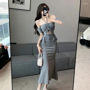 Werkjurken Sweet Girl Suit dames zomer halter nek korte mouwen boven mouwen bovenste hoge taille wrap heup zeemeermin rok tweedelige set vrouwelijke kleding