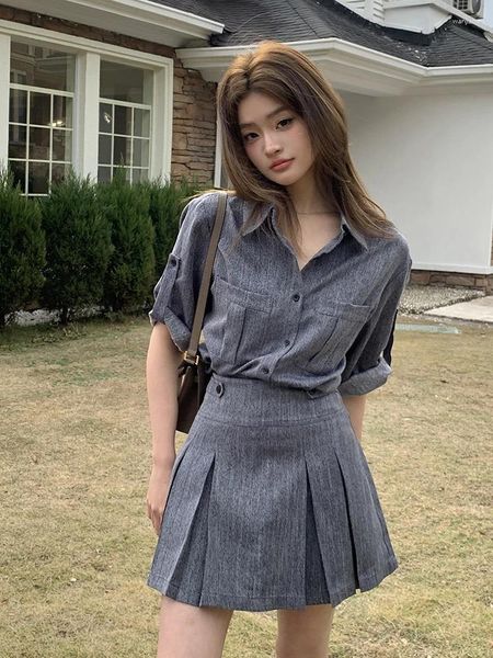 Robes de travail Sweet Girl Suit Femme Summer Commutation Imitation Denim Shirt High Waited Preted Jupe Twipe Two-Piece Clothes Female