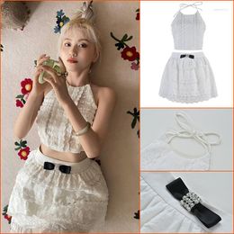 Werkjurken Sweet Sexy Backless Design Tiered Lace Halter Strap Crop Top Camis en Mini Cake Skirt Two Piece Sets Womens Outifits Summer
