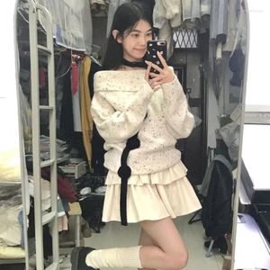 Robes de travail doux Slash cou tricot pull gâteau jupe deux pièces ensemble femmes coréen imprimé point doux à lacets tempérament doux hiver costume chaud