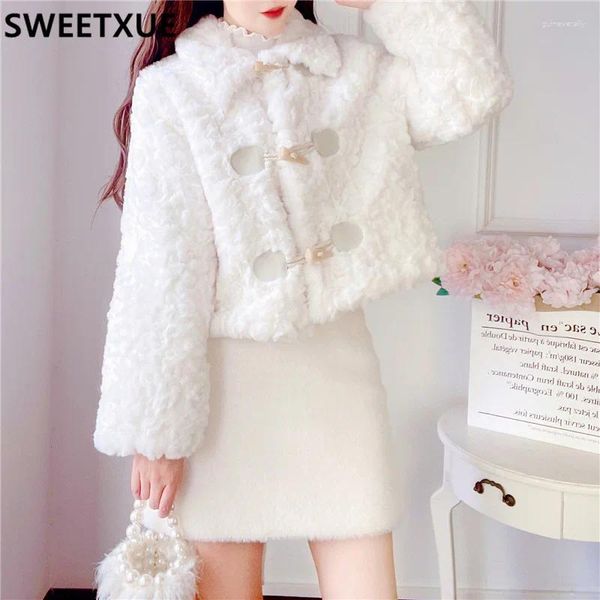 Vestidos de trabajo Sweetxue 2024 Winter Ladies Suit Faux Fur Sweet Kawaii Coat de lana de cintura alta Mujer Moda de dos piezas coreanas.