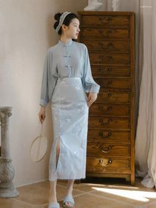 Robes de travail SweetXue Chinese Chinese Breas à manches longues Jacquard Classic Slit Jirt Fashion Elegant sets Femmes Fresh Chic