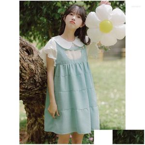 Vestidos de trabajo Sweetxue Verano Bordado Muñeca Collar Camisa de manga corta Denim Suspender Mini Falda Traje de dos piezas Trajes lindos coreanos Otxvd