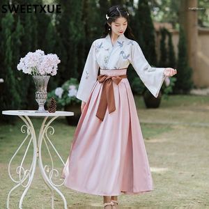 Werkjurken Sweetxue vrouwen Hanfu Chinese zomer vrouwelijke retro blouse mesh geborduurd lange rok tweedelige pak fee elegante set dame