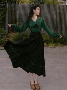 Vestidos de trabajo Sweetxue para mujeres Temperamento de 2 piezas Temperamento verde Top de manga larga negra larga falda retro chic damas 2024 otoño trajes de otoño