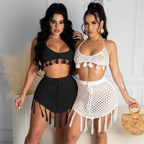 Vestidos de trabajo Borla de punto Conjunto de dos piezas Mujer Verano Trajes de playa Con cordones Halter Sujetador sin espalda Crop Top Mini faldas Hollow Out Holiday