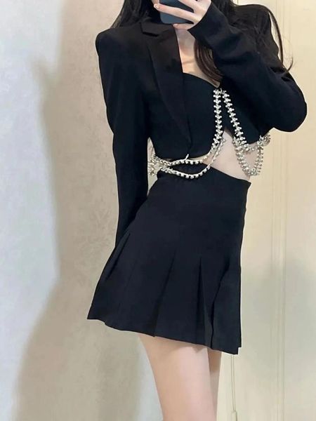 Vestidos de trabajo Temperamentos Faldas Faldas CHIC Coreano 2 piezas Conjunto de ropa para mujeres Túnica de manga larga Agradado de diamantes Cuerpo de carros con mini faldas traje