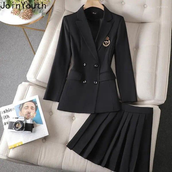 Vestidos de trabajo Temperamentos Faldas Faldas Corea Chic 2 piezas Conjunto de ropa para mujeres Jacketas de túnica de doble pecho Mini faldas plisadas de cintura alta