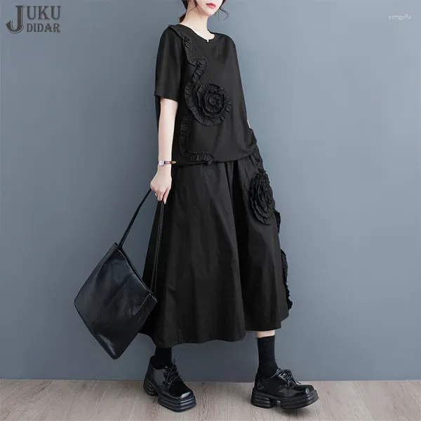 Robes de travail Times fleurs jointes de style japonais d'été femme noire en deux pièces jupe a-line top top lâche ajustement occasionnel wear jjse019