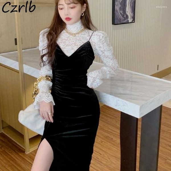 Vestidos de trabajo Top Dress Sets Mujeres Encaje Elegante Cuello alto Diseño Colegialas Daily Casual Side-slit All-match Sólido Simple Retro Coreano