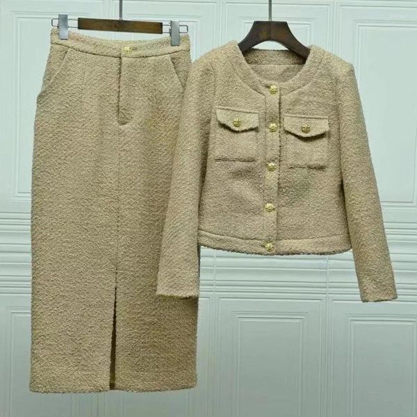 Vestidos de trabajo de alta calidad 2023 conjuntos de ropa de diseñador de moda de invierno para mujer bolsillo Deco manga larga abrigos de lana de Tweed faldas cálidas