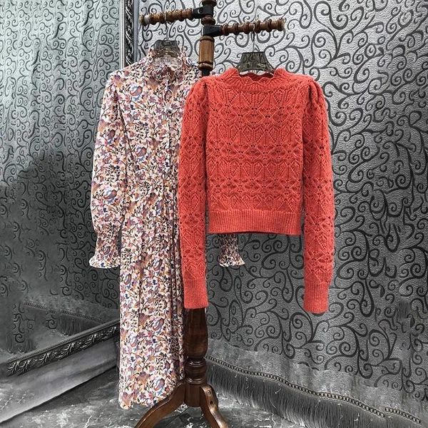 Vestidos de trabajo juegos de ropa de diseñador de alta calidad 2024 Traje de vestir de primavera temprano Damas Sweater de manga larga Sétera de algodón estampado vintage