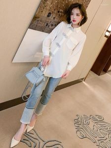 Robes de travail de qualité supérieure, chemise boutonnée de Style chinois rétro, jambe contrastée, ensemble de jeans droits, printemps