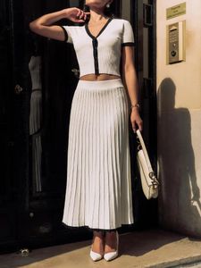 Werkjurken Tossy witte gebreide trui 2-delige maxi rok voor vrouwen geribbeld korte mouw Cardigan Top en lange sets gebreide outfits