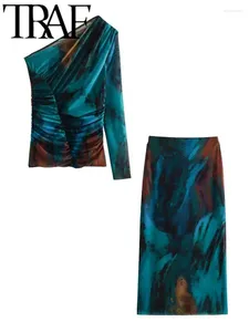 TRAF 2024 Herfst Mode Print Top Rok Vrouwen 2 Stuk Sets Enkele Lange Mouwen Slim Crop Vrouwelijke Midi Suits
