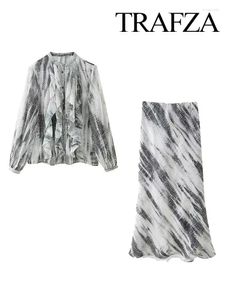 Vestidos de trabajo Trafza Autumn Fail Fashion Tie Dye Stripe de manga larga Traje de camisa plisada