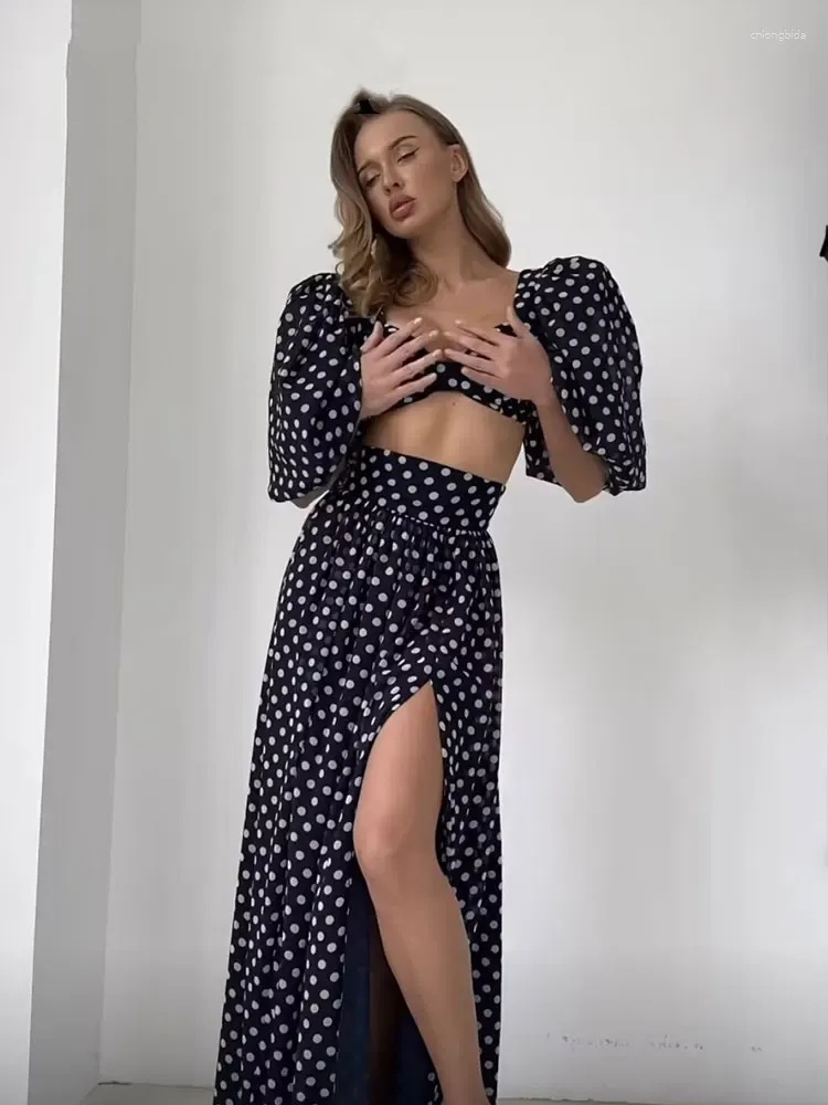 Abiti di laurea Black Classical Mini Dress Elegante Set di gonna da 2 pezzi da 2 pezzi 2024 Polka Dots Stampato a fessura alta a fessura corta a fessura corta