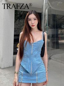 Werkjurken Trafza zomer dames retro denim blauw halter bijgesneden tops 2-delige set sexy zipper hoge taille tas heup rok streetwear