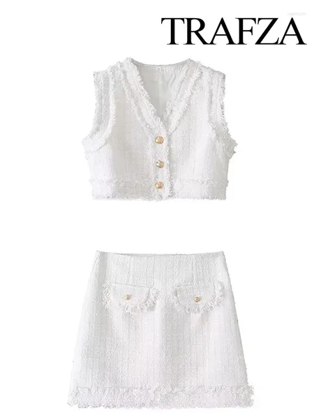 Vestidos de trabajo TRAFZA Mujeres Conjunto de chaleco con cuello en V blanco Chaquetas sin mangas de un solo pecho Botón de cremallera lateral informal Falda de cintura alta Traje de dos piezas