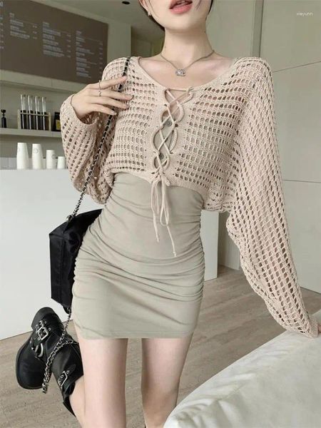 Vestidos de trabajo Dress Dress Women Summer Summer Spicy Lace Up Hollow Out Knited Manga larga Top correa colgante Wrap Hip Sexy Set