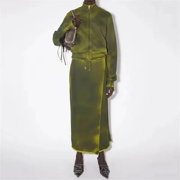 Robes de travail Ensemble de deux pièces pour femmes 2023 Automne Mode coréenne Rétro Vintage Teinture Jupe Coton Zipper Sweat-shirt à manches longues