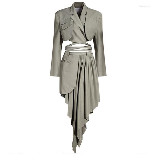 Robes de travail deux pièces ensemble femmes Crop Blazer veste asymétrique taille haute jupe plissée rue