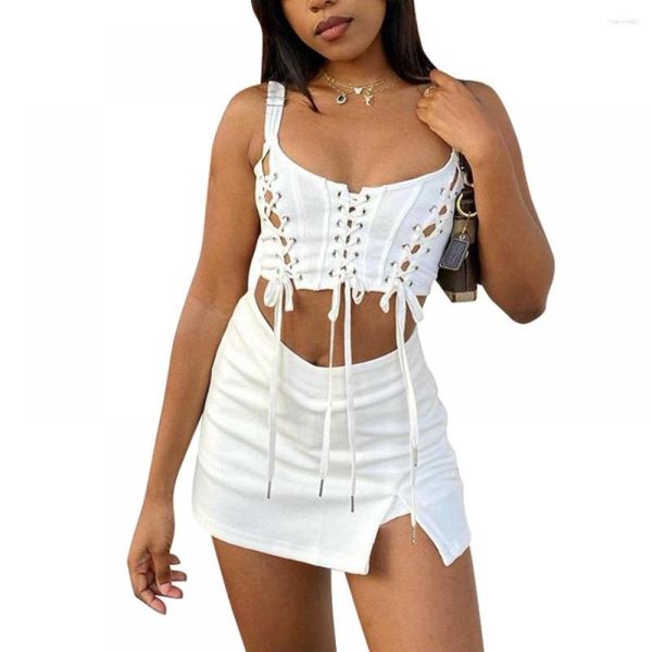 Vestidos de trabajo Conjunto de dos piezas Vestido de mujer Verano Delgado Vendaje Sin mangas Camiseta Sexy Corsé Crop Top Falda blanca