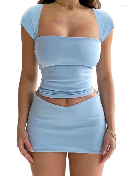 Vestidos de trabajo Set de dos piezas Mujeres Color sólido Camiseta corta Camiseta baja sin espalda Camiseta Mini falda femenina casual sexy y2k streetwear