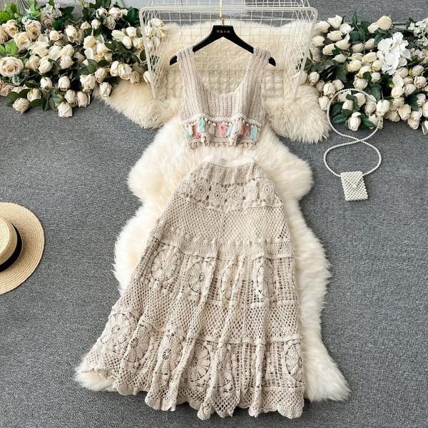 Vestidos de trabajo Conjunto de dos piezas Outifits para mujer Cuello en U Borla de punto Sin mangas Tanque Falda larga Gancho Flor Hollow Vestido Conjuntos Bohemio Dropship