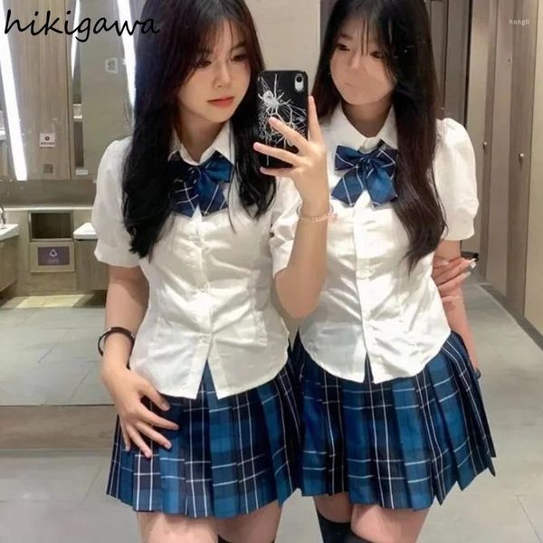 Vestidos de trabajo Conjuntos de dos piezas Trajes para mujer Ropa dulce japonesa Arco Manga corta Blusa blanca Cintura alta Mini falda plisada Traje Y2k Conjunto