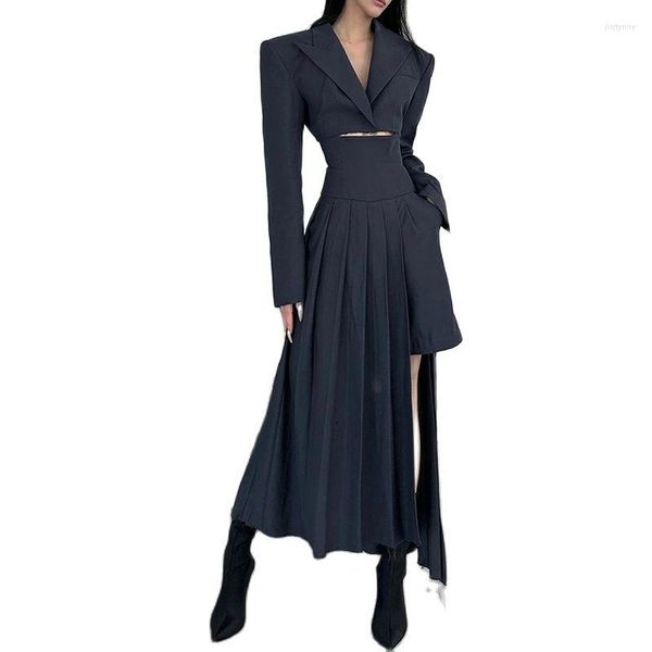 Robes de travail Costume Deux Pièces Jupe Asymétrique Streetwear Lâche Cool Blzear Veste Taille Haute Plissée Demi Ensemble