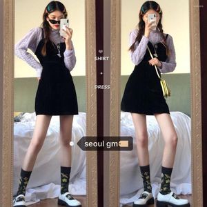 Robes de travail Deux pièces Sweet Girl Group Style LOOK-Korean Fresh Taro Purple Bottoming Shirt Cute Layered Suspender Dress