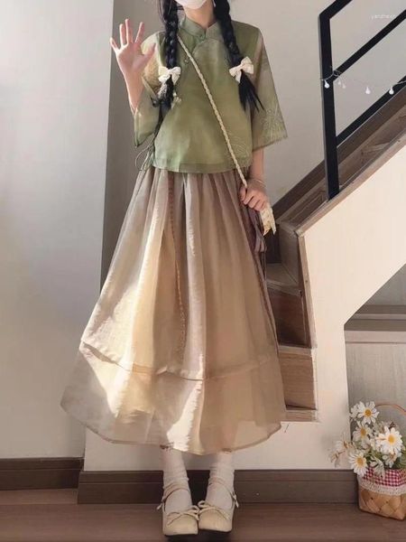 Robes de travail Two Piece Vintage Chinese Style Camisa Sweet Sweet Stand Collar Femmes Green Shirt Elegant High Waist Mesh Jirt Set Y2K