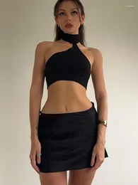 Werkjurken Twee stukken set Set Summer Women Party Sexy Black Rok Sets Satin Backless Outfits Halter Crop Tops Split Mini Skirts Y2K