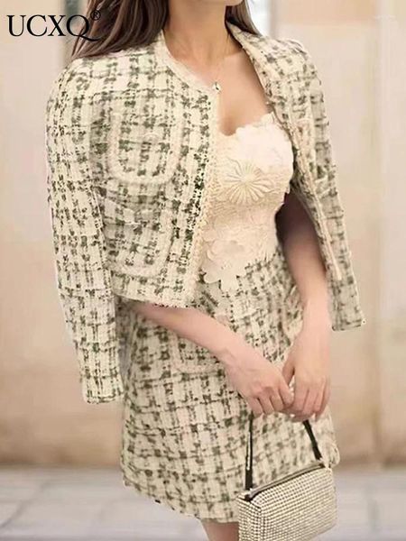 Robes de travail ucxq Couleur de contraste vintage tissage veste en tweed O-Neck Coats High Waist Mini jupes automne 2024 Ensembles de deux pièces